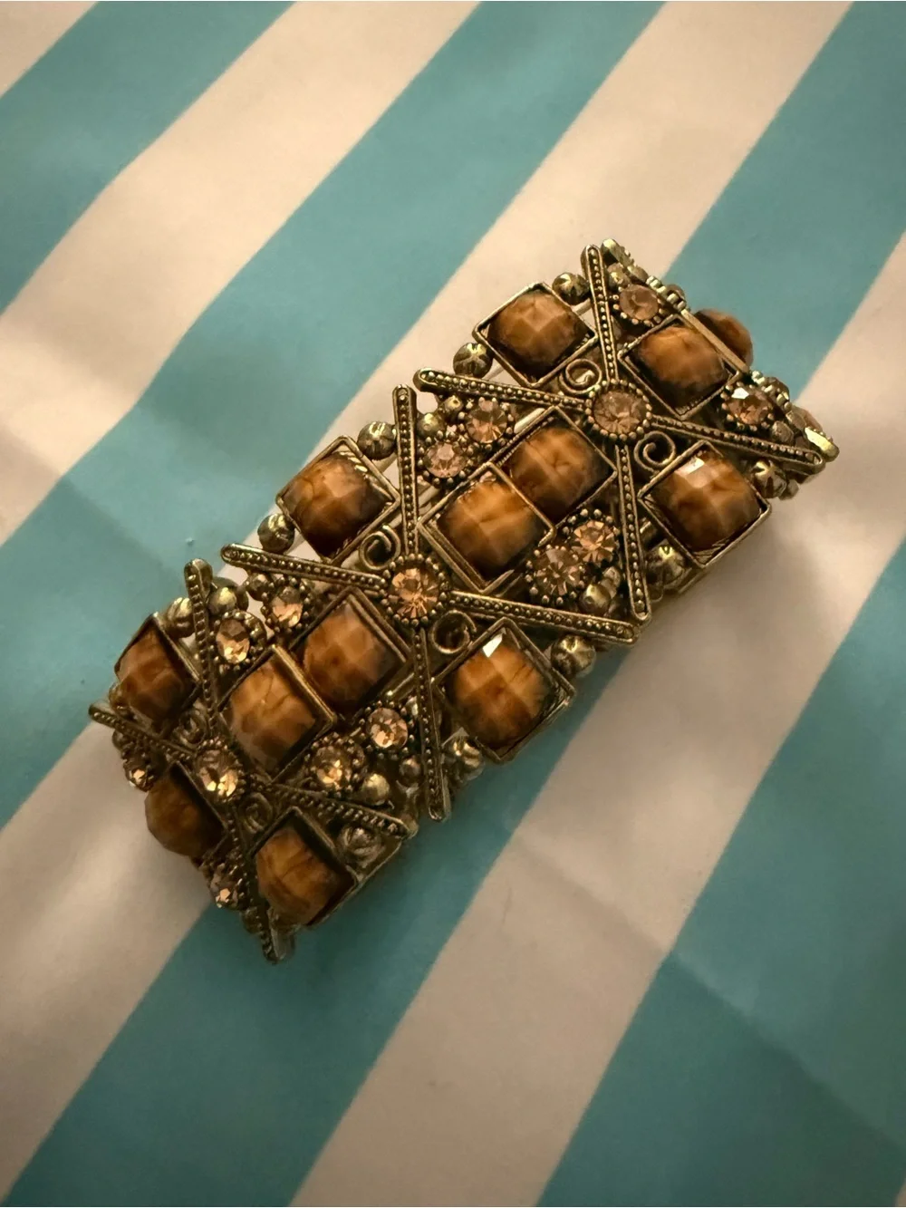 Vintage Gold-Tone Brown Stone Stretch Bracelet